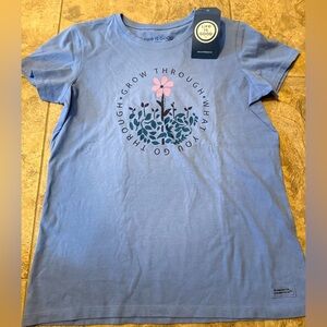 Life is good womens crew neck crusher blue - grow through what you go through m